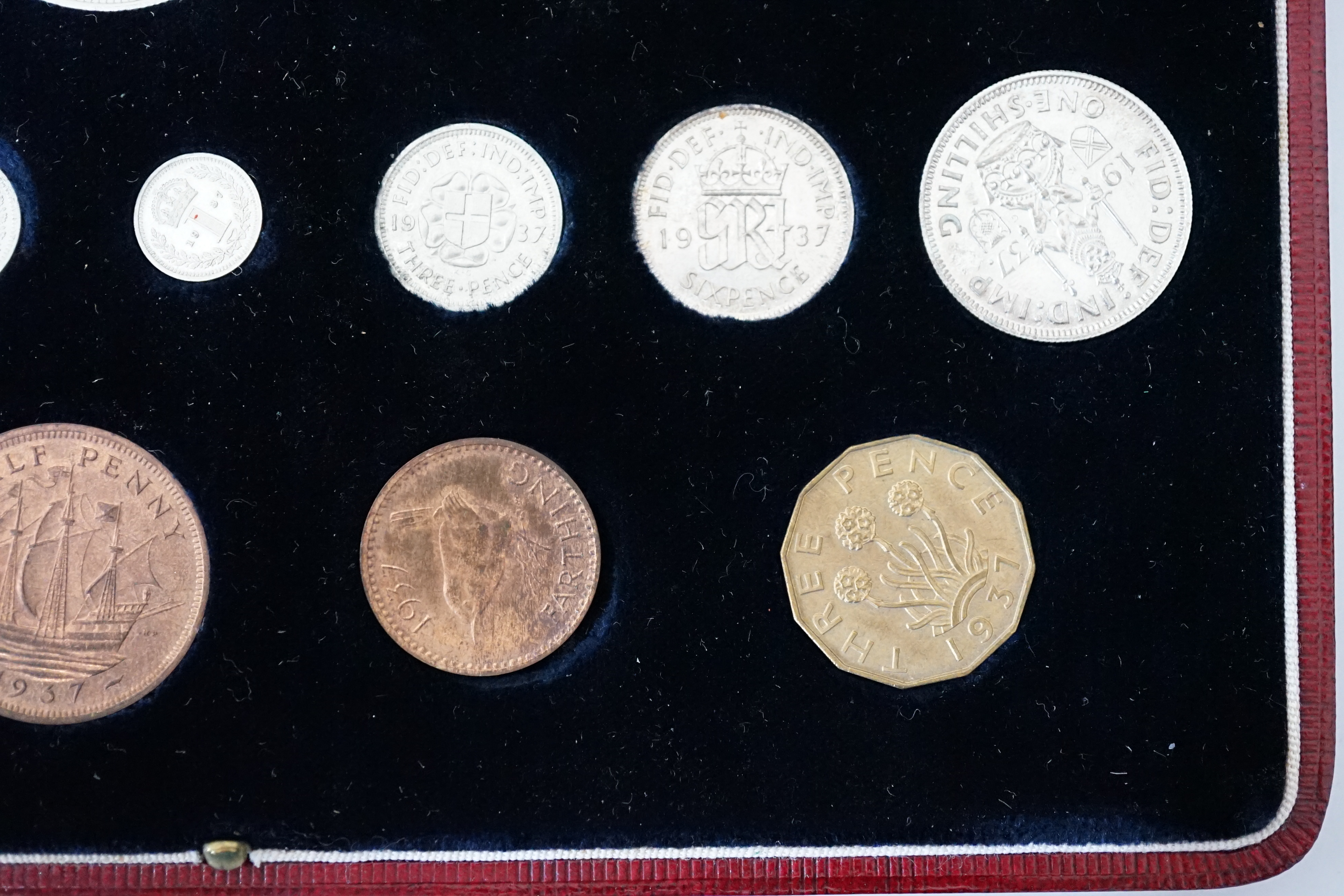 British coins, George VI coronation 1937 specimen fifteen coin set, comprising silver crown to threepence, brass threepence to bronze farthing and silver maundy 1d - 4d, UNC, in case of issue